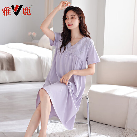 雅鹿睡裙女夏季带胸垫纯棉短袖长款睡衣薄款夏天宽松大码夏款连衣裙子 701芋紫（带胸垫） M（155-160cm/90-110斤）