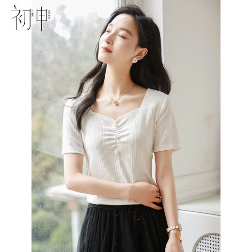 Chushen Summer Kurzärmelig T-Shirt für Frauen, modische und elegante V-Ausschnitt Dünne Strick-T-Shirt-Shirt S143T1585