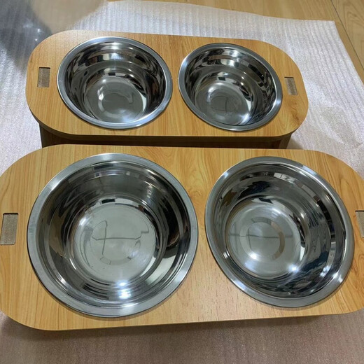 Junkiss cat bowl that cannot be knocked over, large capacity, extra large neck protection, anti-black chin kitten water bowl, stainless steel cat double bowl cat food basin, cedar wood color, large size - double bowl - food grade stainless steel basin - dry rice and drinking water