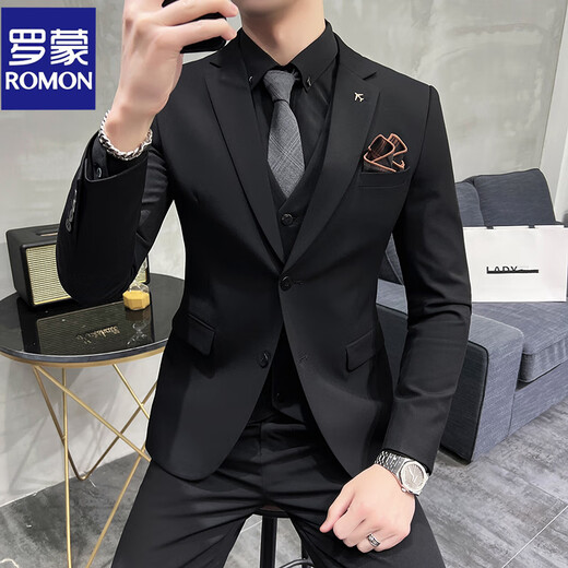 ROMON suit suit men's business professional suit three-piece formal wedding dress casual groom British style slim black two-button suit jacket free shirt tie + bra + brooch XL 123-134Jin Jin equals 0.5 kg to wear
