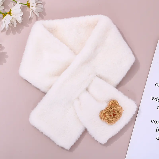 Imitation Rex Rabbit Fur Children's Winter Korean Cute Bear Plush Student Versatile Thickened Warm Cross Scarf Bear Head Scarf - White
