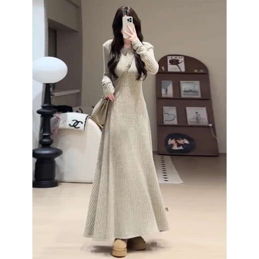 Hao'e's gentle, lazy, high-end knitted dress, spring and autumn temperament long skirt, slim waist and slimming long skirt, oatmeal color M