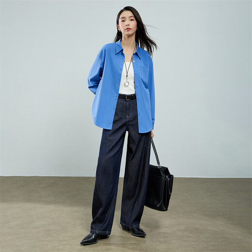 Chuyu Shirt Women's 2025 Autumn New Design Pocket Cotton Star Diamond Blue Bottoming Shirt Top Star Diamond Blue L