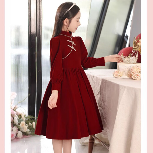 Girls' winter dress, new Chinese style dress, velvet children's skirt, red New Year's greeting dress, girl princess dress, red velvet style, velvet lining 150