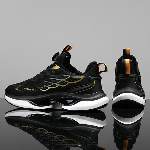 2025 new sports shoes men's autumn and winter shoes rotating button running shoes ultra light shock-absorbing and breathable shoes men 9888-Black Gold [upgraded version] 43