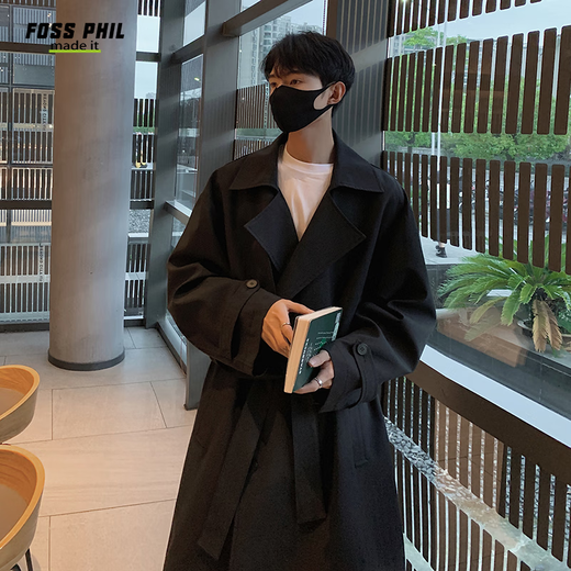 Foss Phil Mantel Herren Herbst und Winter trendige Marke koreanische lose mittellange Windjacke neue Herren DF275 schwarz XL