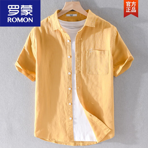 
ROMON Japanese casual men's linen short-sleeved shirts trendy linen clothes men's summer cotton linen shirts summer thin YY9711 light blue linen L