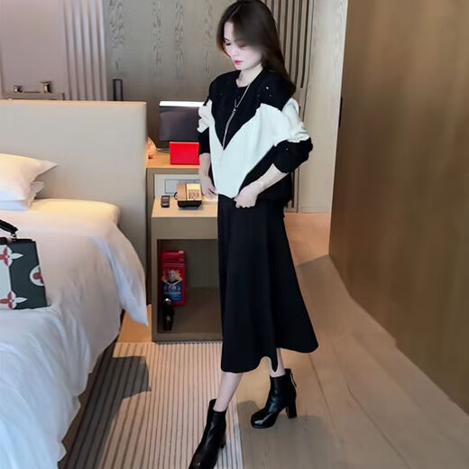 Ai Manjie Dress Women's Fashion Sweater Suit Women's Two-piece Set Autumn and Winter New Loose Age-reducing Fashionable Western Women's Clothing Brown Top + Skirt L Recommendation (105-115Jin Jin equals 0.5 kg)