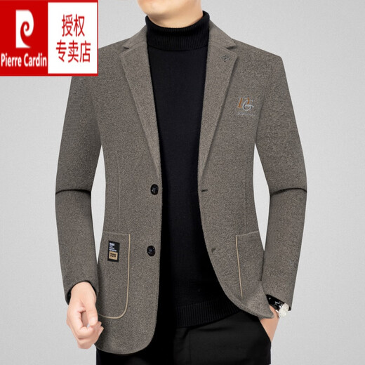 皮尔卡丹男装西装外套男秋季新款商务休闲修身羊毛呢西服上衣男 咖色99211B M 170