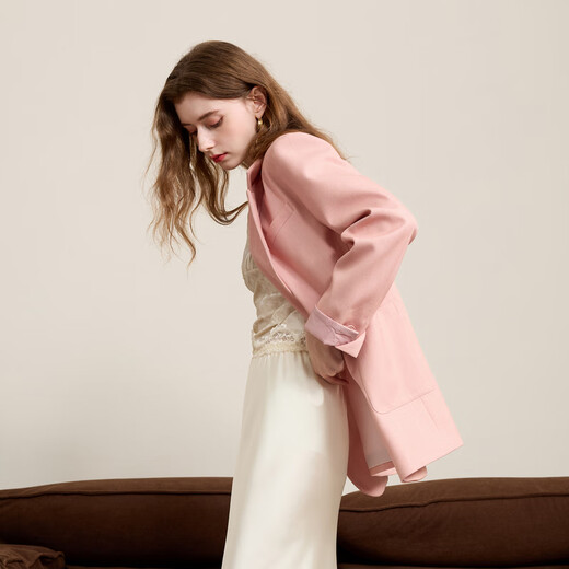 Sancai 2025 Autumn New Casual Suit Jacket Double-breasted Simple Shoulder Small Suit Loose Temperament M Cherry Blossom Pink L