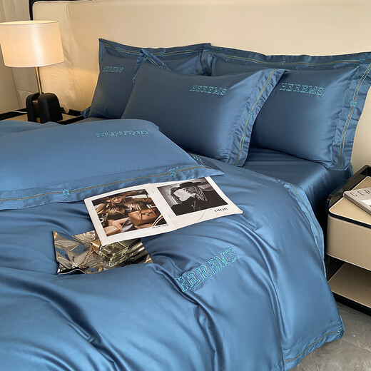 Aiqi Class A 100-count long-staple cotton four-piece set European-style light luxury naked sleeping solid color pure cotton satin 4-piece set Bentleyland 1.8m bed sheet style four-piece set (quilt cover 2*2.3m)