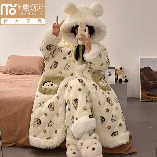 Modal thickened plus velvet three-layer quilted long nightgown for women autumn and winter pajamas coral velvet 2025 new winter warm 5319 coral velvet quilted robe + quilted pants M Recommended weight 90-100Jin Jin equals 0.5 kg