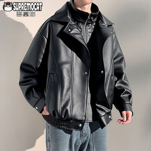 My Emperor Cat Autumn and Winter American New Style Retro PU Leather Lapel Casual Jacket Men's Fake Two-piece Jacket WJ13 Black L