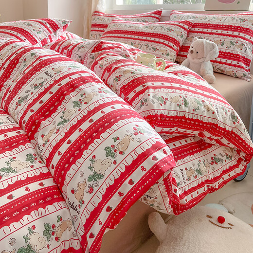 Taowei ins cotton bed four-piece set 100% cotton quilt cover cartoon dormitory bed sheet three-piece naked sleeping bedding red bunny 100% cotton skin-friendly naked sleeping 1.8m bed/sheet style four-piece set 200x230 quilt cover Taowei ins cotton bed four-piece set 100% cotton quilt cover cartoon dormitory bed sheet three-piece naked sleeping bedding red bunny 100% cotton skin-friendly naked sleeping 1.8m bed/sheet style four-piece set 200x230 quilt cover