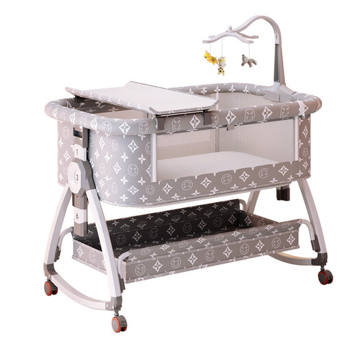 Jingshiyue folding crib splicing large bed multi-functional newborn bb bed portable and removable baby bed diaper table cradle bed High carbon steel-cloud ash-basic model (no mattress, none) other x assembly x frame structure
