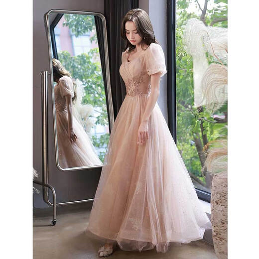 
Seidler French evening dress 2025 new style light luxury niche high-end banquet host Beautiful vocal art exam solo female light nude pink long style S (recommended 86-95 Jin [Jin equals 0.5 kg])