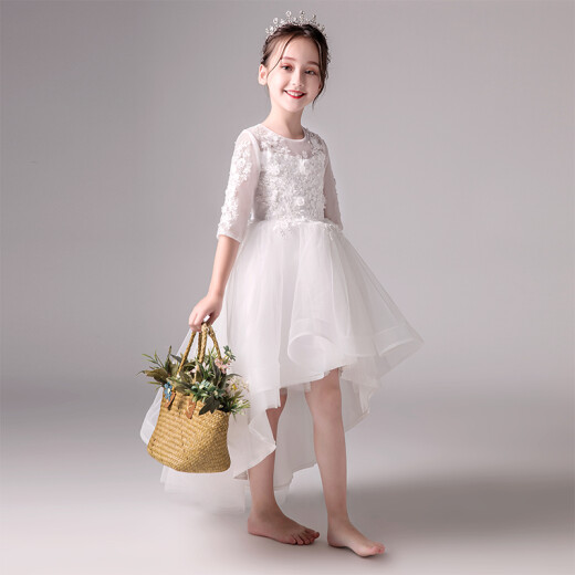 Xiaokayi Nong children's dress princess wedding dress flower girl host evening dress girl birthday piano performance dress spring style white front short back length 120cm