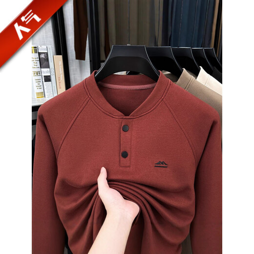 GOLDLION G+ German velvet two-button Henry collar sweatshirt men's autumn and winter new casual pullover loose long-sleeved bottoming shirt Khaki M (recommended 95-110Jin Jin equals 0.5 kg)