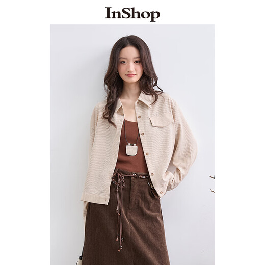 InShop mall same style new women's simple suspender top striped long-sleeved shirt contrasting color two-piece set Mocha strip L