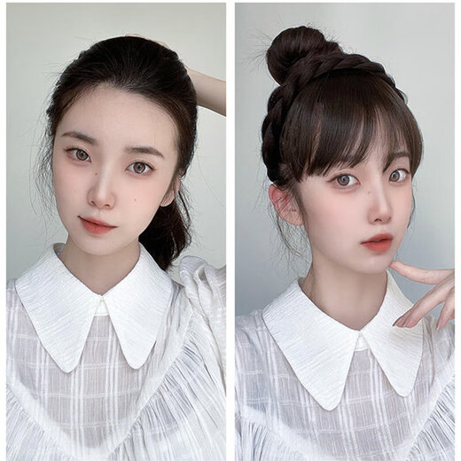 Meng Keduo covers white hair headband wig female fishbone braid wig bangs one piece to increase the top of the head replacement hair piece extra hair in front headband bangs natural black