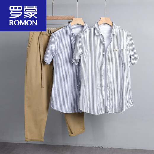 罗蒙（ROMON）男士条纹短袖衬衫日系宽松薄款上衣夏季休闲衣服潮流百搭衬衣 9738款 浅蓝条纹 2XL 140斤左右