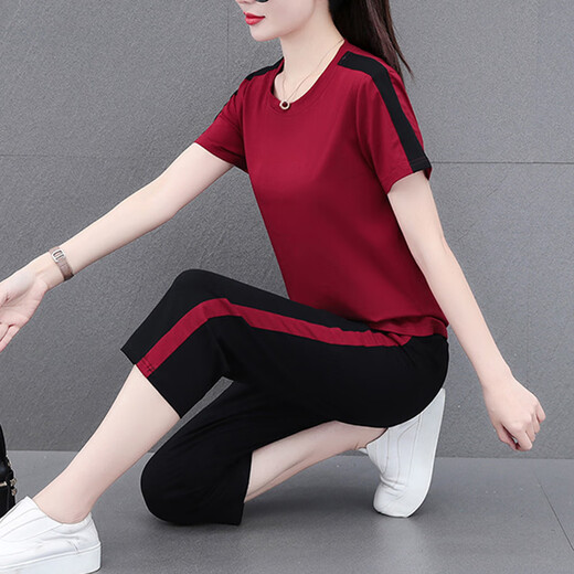 NY-EMMA运动套装女短袖夏季薄款高档洋气显瘦小个子休闲时尚跑步服两件套 683卡其（七分裤套装） 2XL(建议125-140斤)
