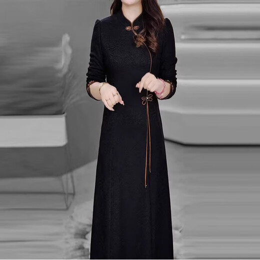 Mapping Hong Kong's big brand light luxury women's clothing autumn and winter new thickened long-sleeved dress Chinese style temperament improved cheongsam skirt black plus velvet ready for return and exchange XL recommended 111-120Jin Jin equals 0.5 kg