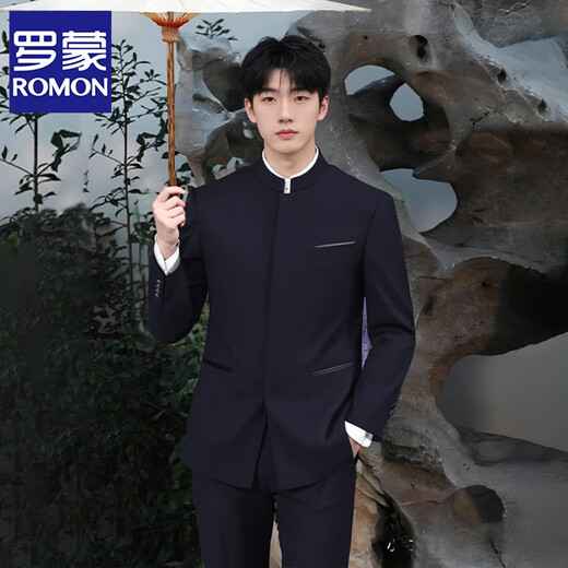 ROMON (ROMON) slim-fitting standing collar young Zhongshan suit men's groom wedding Chinese suit suit Chinese style gentleman suit dress Black [suit + pants + shirt] three-piece set XL