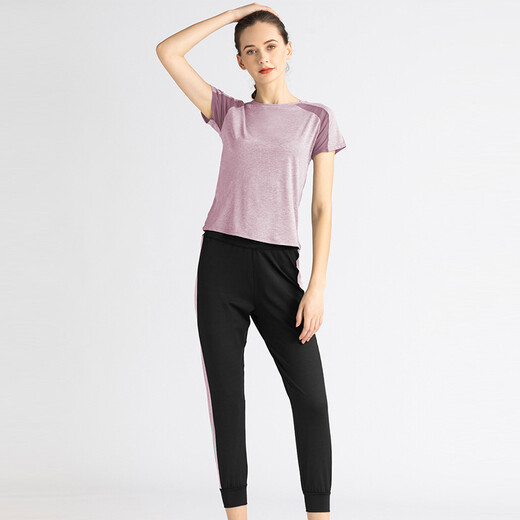 Hui'ang Sportset Yoga-Anzüge Sets Laufen Sportanzüge Fitness Schnell trocknende Kleidung T-Shirts Web Kurzärmel Beine lila m