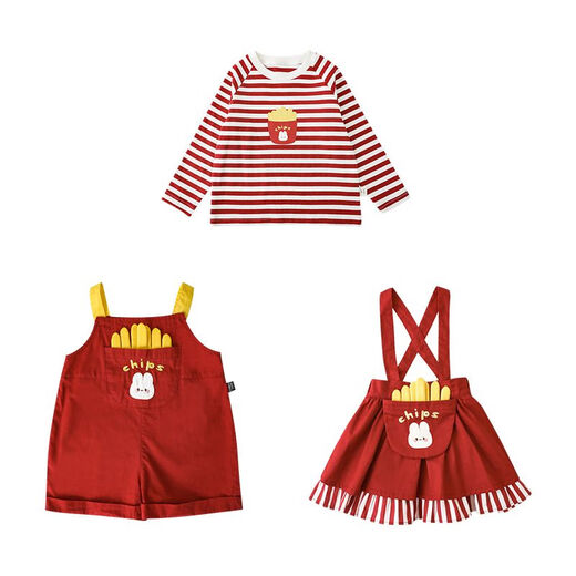 Youyou Girl Cartoon Overalls süße Kaninchen-Pommes Sticked Striped T-Shirt Baby Spring Fashion süßer Gurtrock T-Shirt rot und weiße Streifen (C2694) 80 cm