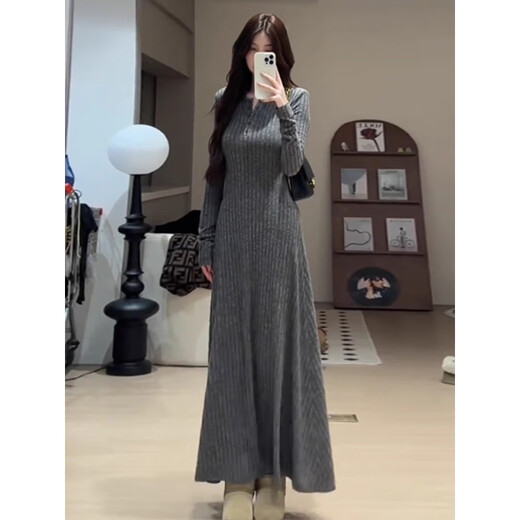 Hao'e's gentle, lazy, high-end knitted dress, spring and autumn temperament long skirt, slim waist and slimming long skirt, oatmeal color M