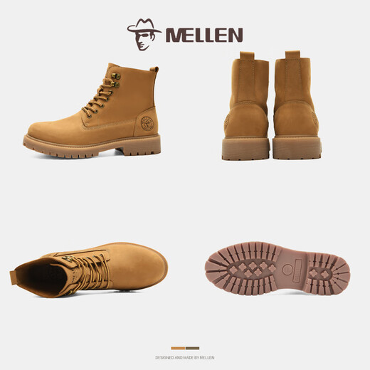 名郎 MELLEN男鞋新品简约时尚马丁靴潮流舒适经典高帮时装靴耐磨防滑休闲皮靴 黄棕色 42