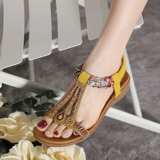 SIPUWANG Sandals Women's 2025 Summer New Wedge Ladies Ethnic Storm Bohemia Thailand Seaside Tourism Beach Shoes Apricot Color 37