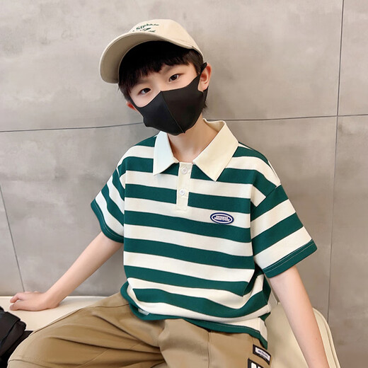 
McTicco boys summer suit new children's summer sports polo short-sleeved pants fashionable and handsome big boys 9850 stripes + 5730 dark gray suit 140