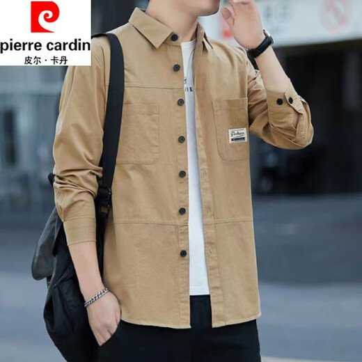 Pierre Cardin 2026 pure cotton young and middle-aged men's shirt long-sleeved autumn work jacket loose casual trendy shirt brown long-sleeved 888 shirt XL recommended 135-155 Jin Jin equals 0.5 kg