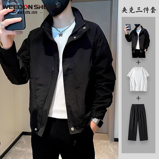 Vaderton Sheep Spring and Autumn New Fashion Brand Working Jacket Set Men's Korean Style Fashionable All-Match Casual Top Men's Jacket Khaki Jacket + White Short T+ Trousers [Three pieces XL