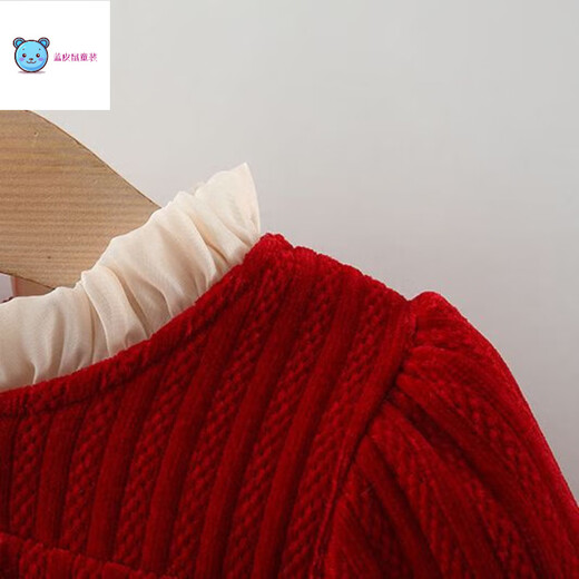 One-year-old dress for baby girl in autumn and winter, plus velvet and thickened princess dress, red New Year's greeting dress, girl's festive New Year dress, plus velvet chenille bunny dress - red 66