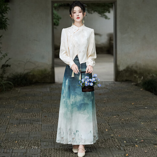 Jinghuanische Frühlings- und Sommer Neue chinesische Frauen chinesische Kleidung chinesischer Stil Retro Nationaler Trend Jacquard Top One-Slice Horse-Match-Rock Full Set Aprikosen-Langschläuche Top + Dunkelgrüner Pferd-Match-Rock L (vorgeschlagen 110-125 Jin [Jin gleich 0,5 kg]))