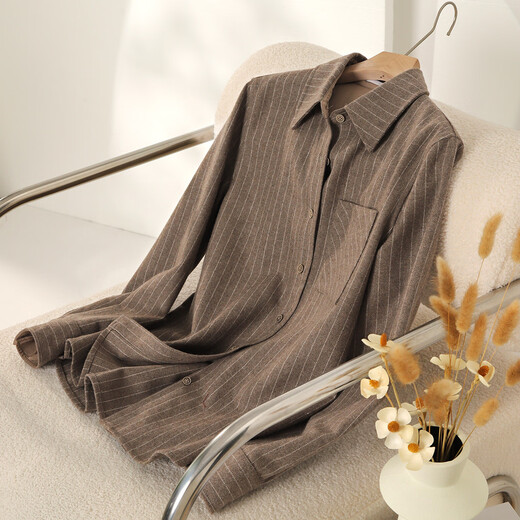SOFSIL Sheep Wool Striped Shirt 2025 Autumn and Winter Fashionable Commuting Versatile Casual Women's Shirt Top Oatmeal S