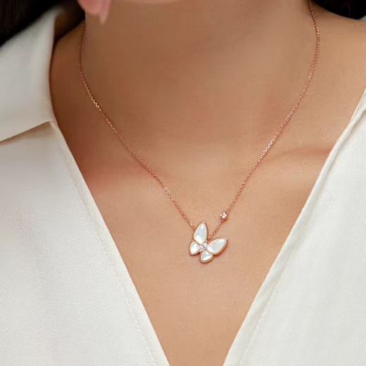 Libiao k gold butterfly white mother-of-pearl necklace female au750 rose gold colored gold clavicle chain Valentine's Day gift butterfly mother-of-pearl necklace