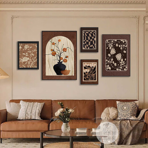 丞仔中古风客厅组合装饰画法式复古挂画美式高级感沙发背景墙艺术壁画 Z3879 35*50/50*70/30*40*2/40*60 晶瓷铝合金黑框