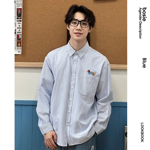 Bosie Boxi 2025 new autumn cartoon design striped long-sleeved shirt men's couple loose coat blue M