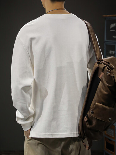 Luo Meng spring and autumn heavy cotton men's sweatshirt loose large size American fashion brand top Henry collar long-sleeved T-shirt bottoming shirt white L suitable weight 130-145Jin Jin equals 0.5 kg