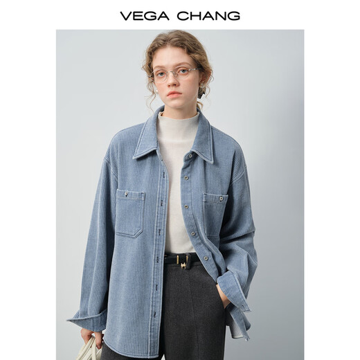 VEGA CHANG 10.27 new, retro relaxed feel, light blue corduroy shirt, loose silhouette, gentle texture, cobalt stone blue, second batch M