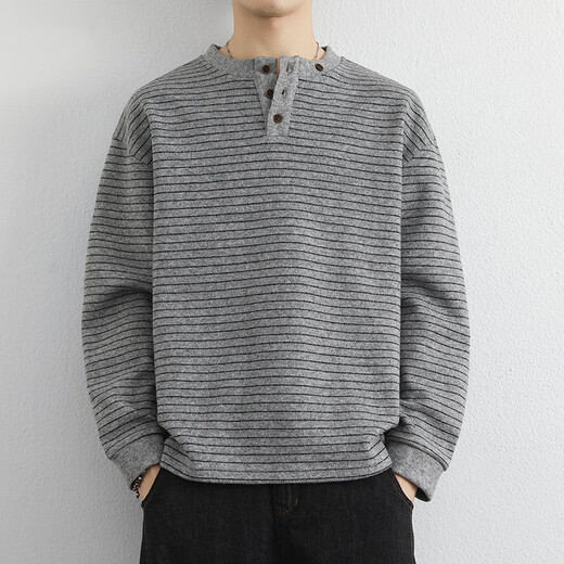 Xixi Shandong Zhenyoumei Clothing Henry Collar Striped Sweater Men's Autumn and Winter Long-Sleeved Bottoming Shirt Warm Inside Light Gray M Weight Range 100-120 Jin Jin is equal to 0.5 kg
