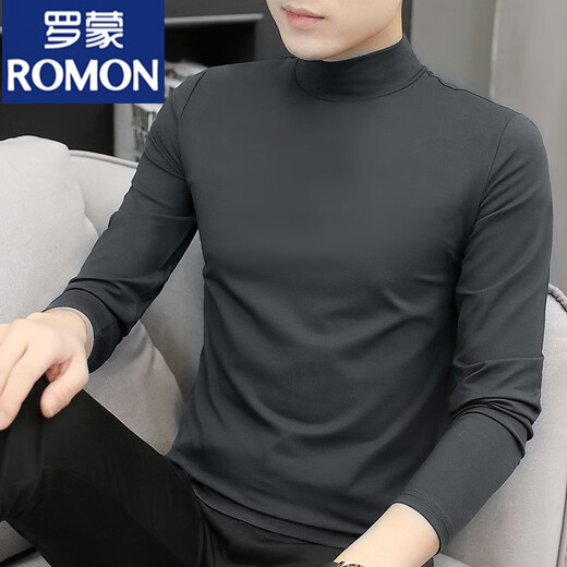 ROMON Modal half turtleneck long-sleeved T-shirt for men in autumn and winter plus velvet warm bottoming shirt with mid-collar autumn coat for men Modal-Black XL 135~150Jin Jin is equal to 0.5kg Slim fit