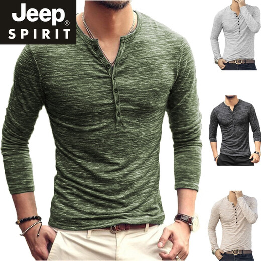 Jeep Spirit Spring- und Herbst-Herren-Mode-Knopf-Ling Langarm T-Shirt European und American Casual Henry Kragen Basishemd Top Herren Mode neue Khaki Referenz Details Größe S (empfohlene Höhe 165cm-170 cm)