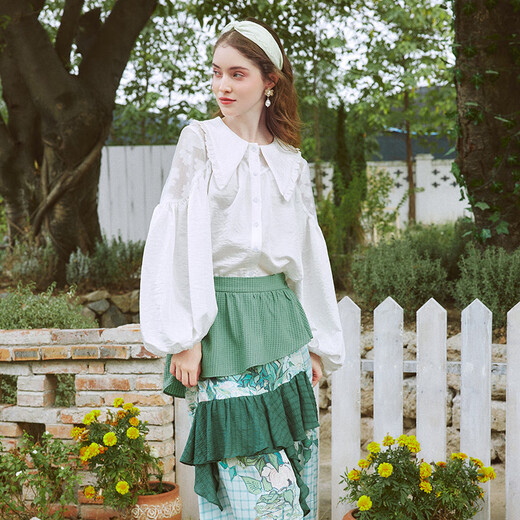 Two or Three Things Doll Collar Shirt Women's Spring New French Top Retro White Lantern Sleeve Shirt Shoulder Clouds White-y S