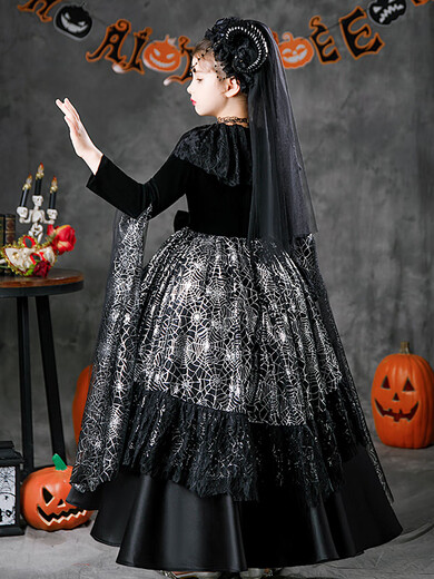 Bei Haomeng MERRIER SWEETIE Halloween girls dress character witch vampire costume dark queen dress up little devil masquerade night witch + horn + staff necklace + Halloween stickers one size 150cm