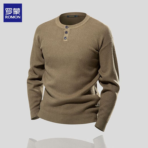 Romon Retro Henley Shirt Vertical Knitted Texture Sweater Men's Slim Business Knitted Sweater Men's T-Shirt Long Sleeve Men